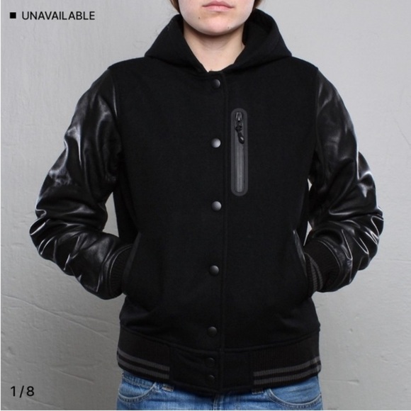 Nike NSW Black Leather Wool Hooded Destroyer Varsity Bomber Jacket Sz S Preppy - Picture 4 of 16